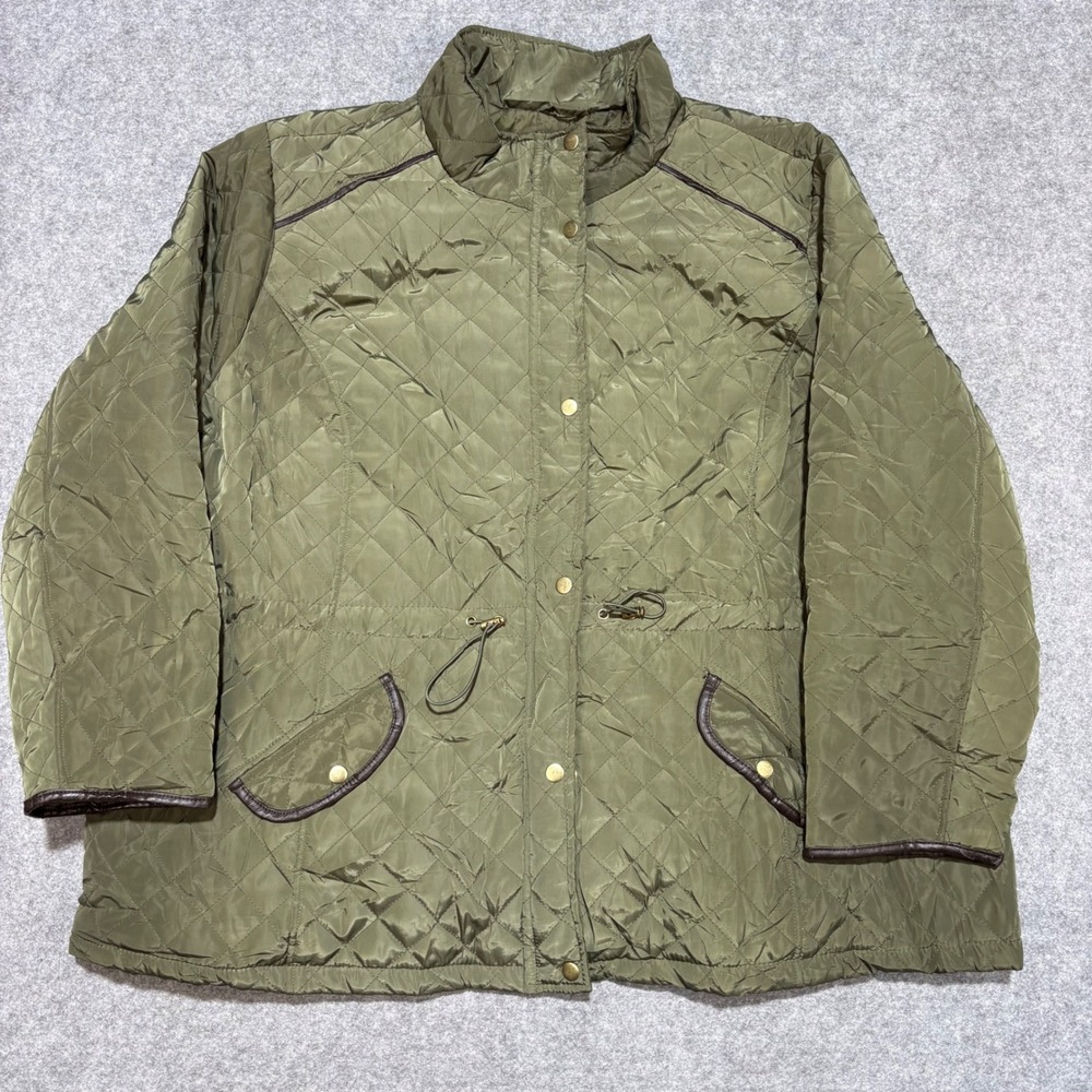 Maxwell Studio Olive Green Quilted Jacket Faux Leather Trim Diamond Stitch XXL